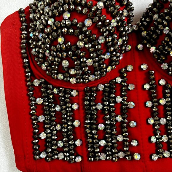 Women's Beaded Red Tank Corset Bra Bralette Spaghetti Strap Bustier Crop Top - Picture 3 of 10